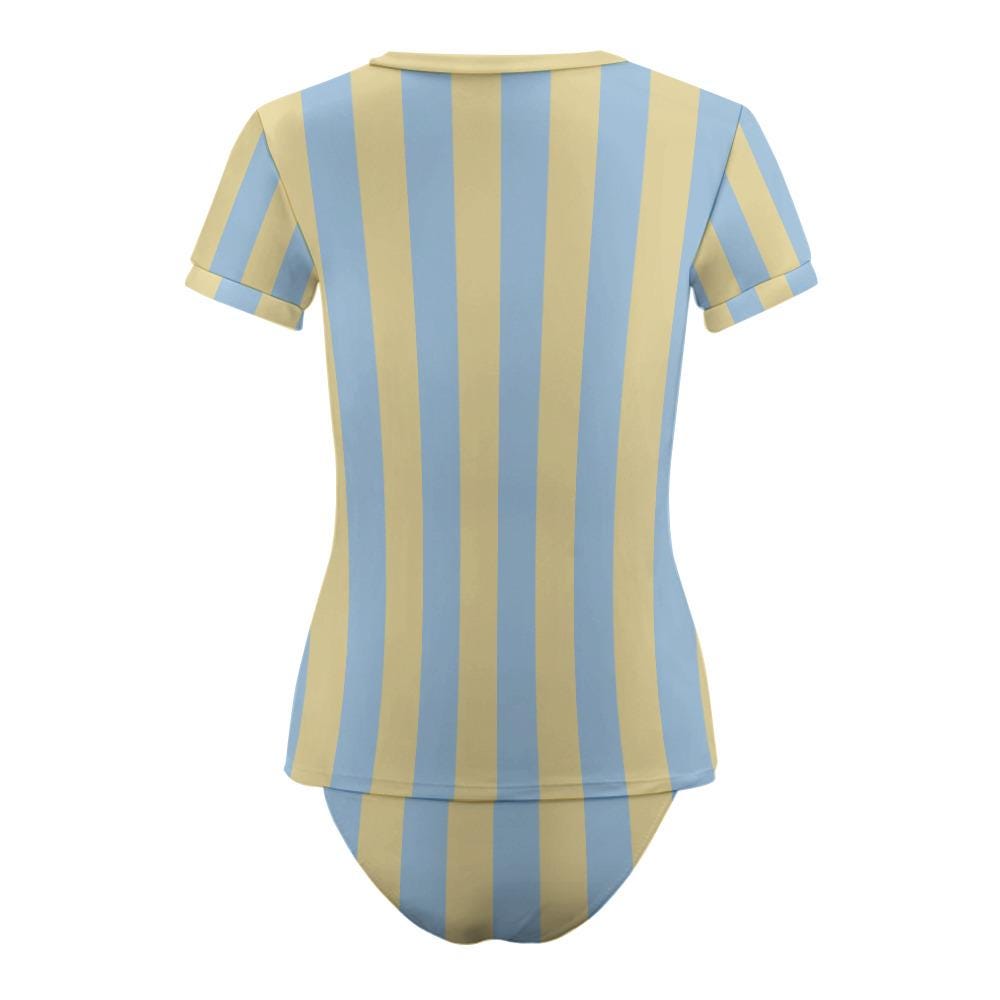Chic Minimalist Tankini – Stylish Short-Sleeve Rash-Guard Swim-Top & Briefs Swimsuit | Buttermilk and Blue Striped