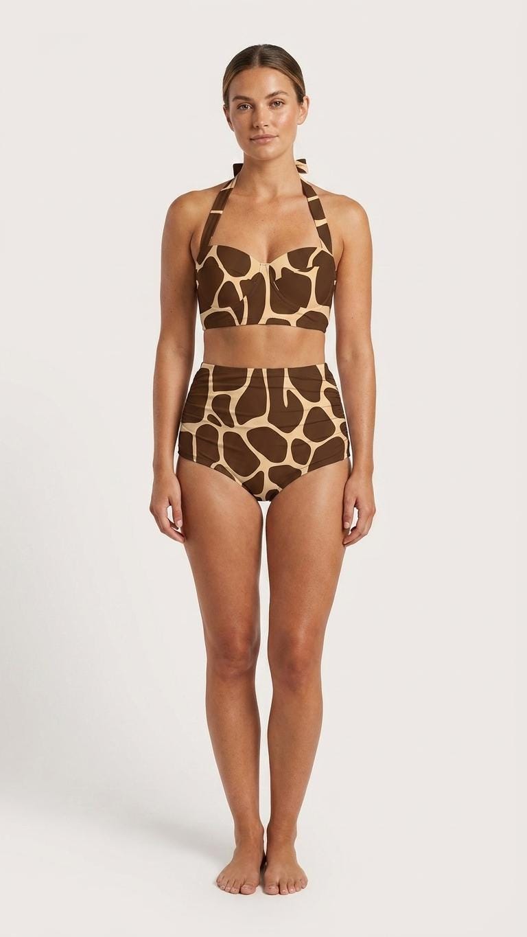 Retro Sweetheart High-Waist Bikini, 1970s-Inspired Brown Animal Pin-Up Halter Swimsuit