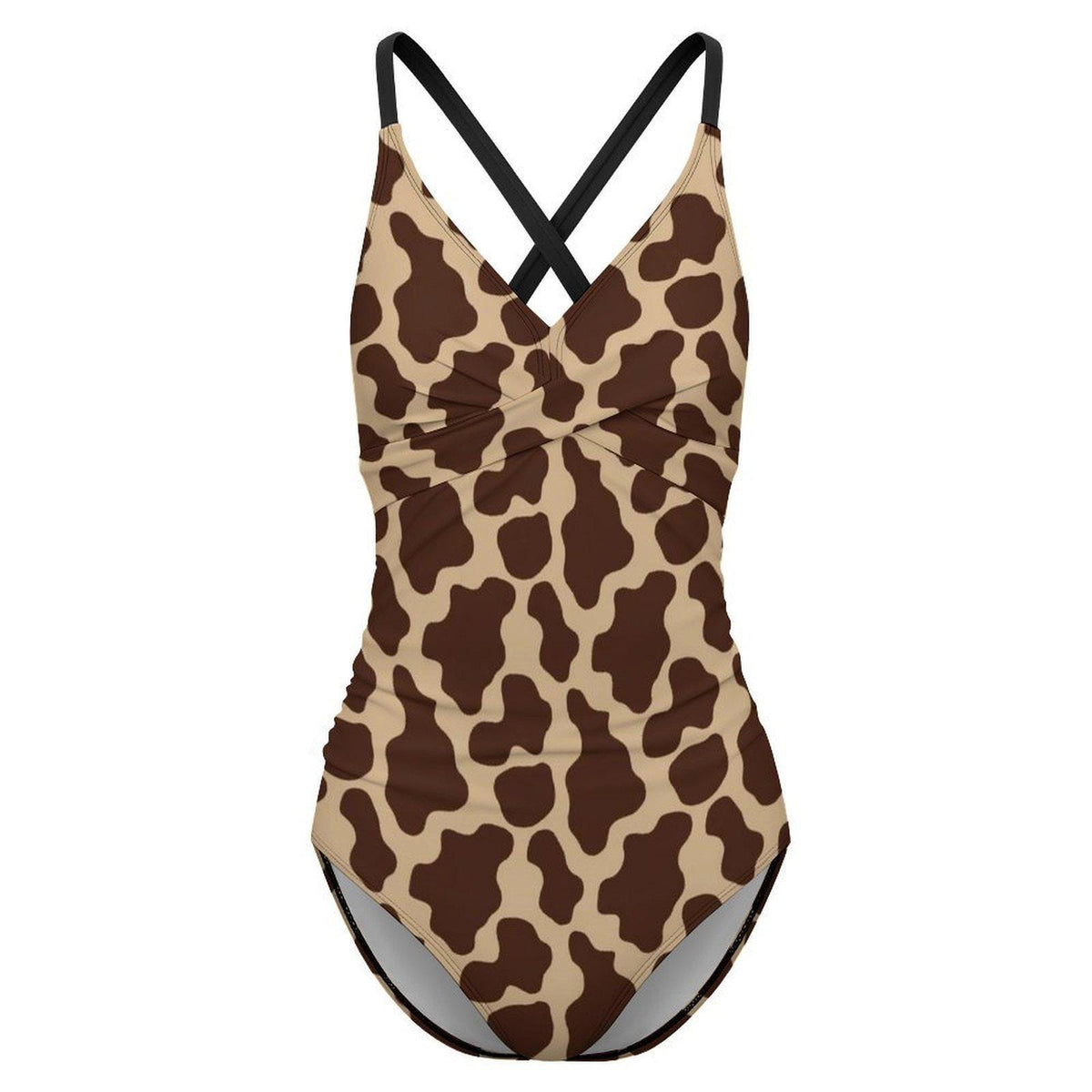 Retro One-Piece Swimsuit, Ruched Wrap-Front Bathing Suit, Cross Strap Swimwear, 1970s-Brown Animal Inspired Swimsuit