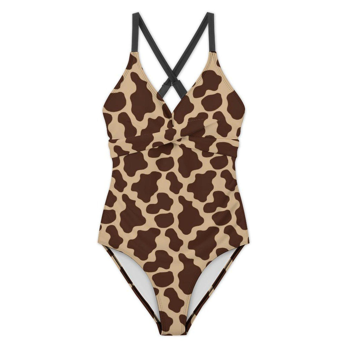 Retro One-Piece Swimsuit, Ruched Wrap-Front Bathing Suit, Cross Strap Swimwear, 1970s-Brown Animal Inspired Swimsuit