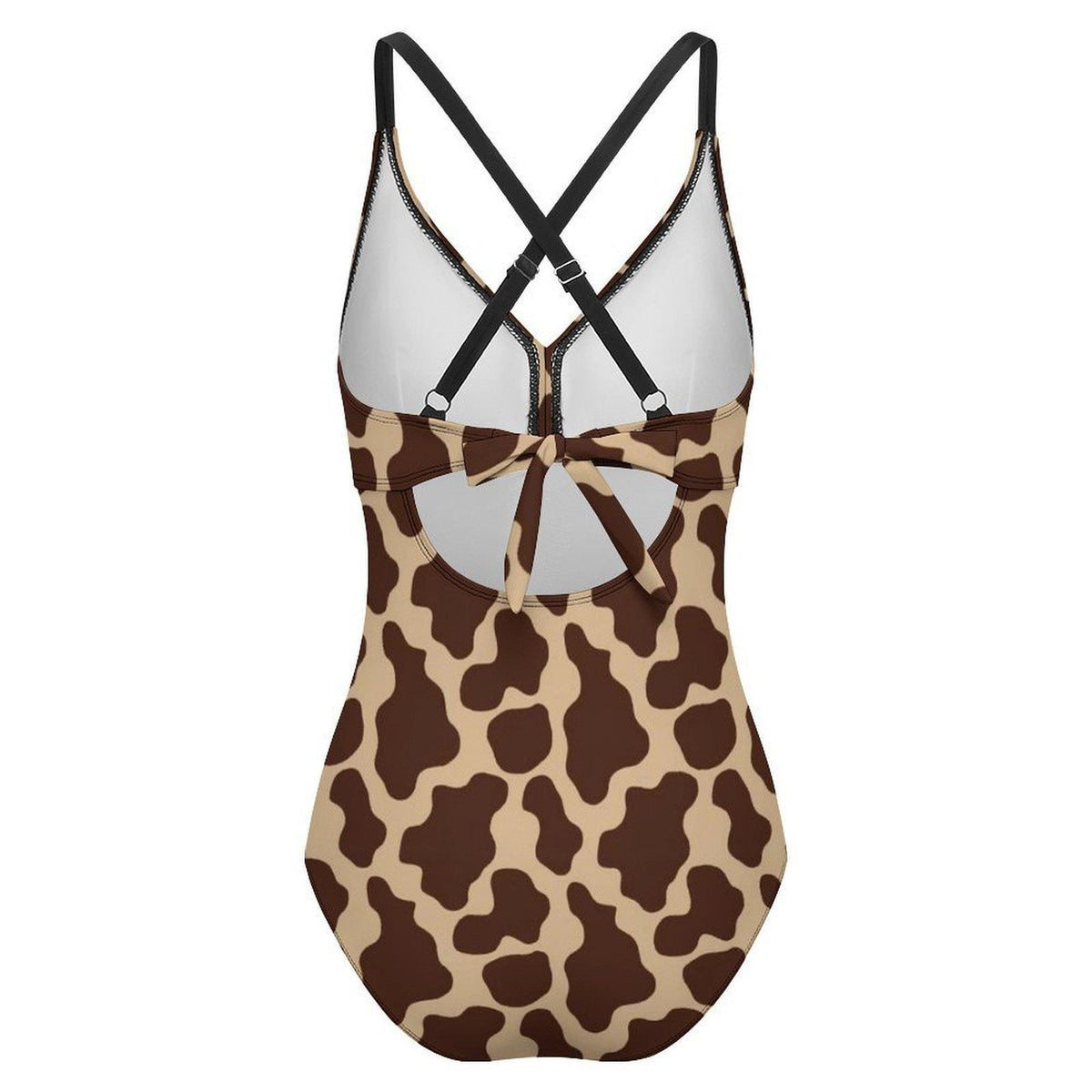 Retro One-Piece Swimsuit, Ruched Wrap-Front Bathing Suit, Cross Strap Swimwear, 1970s-Brown Animal Inspired Swimsuit