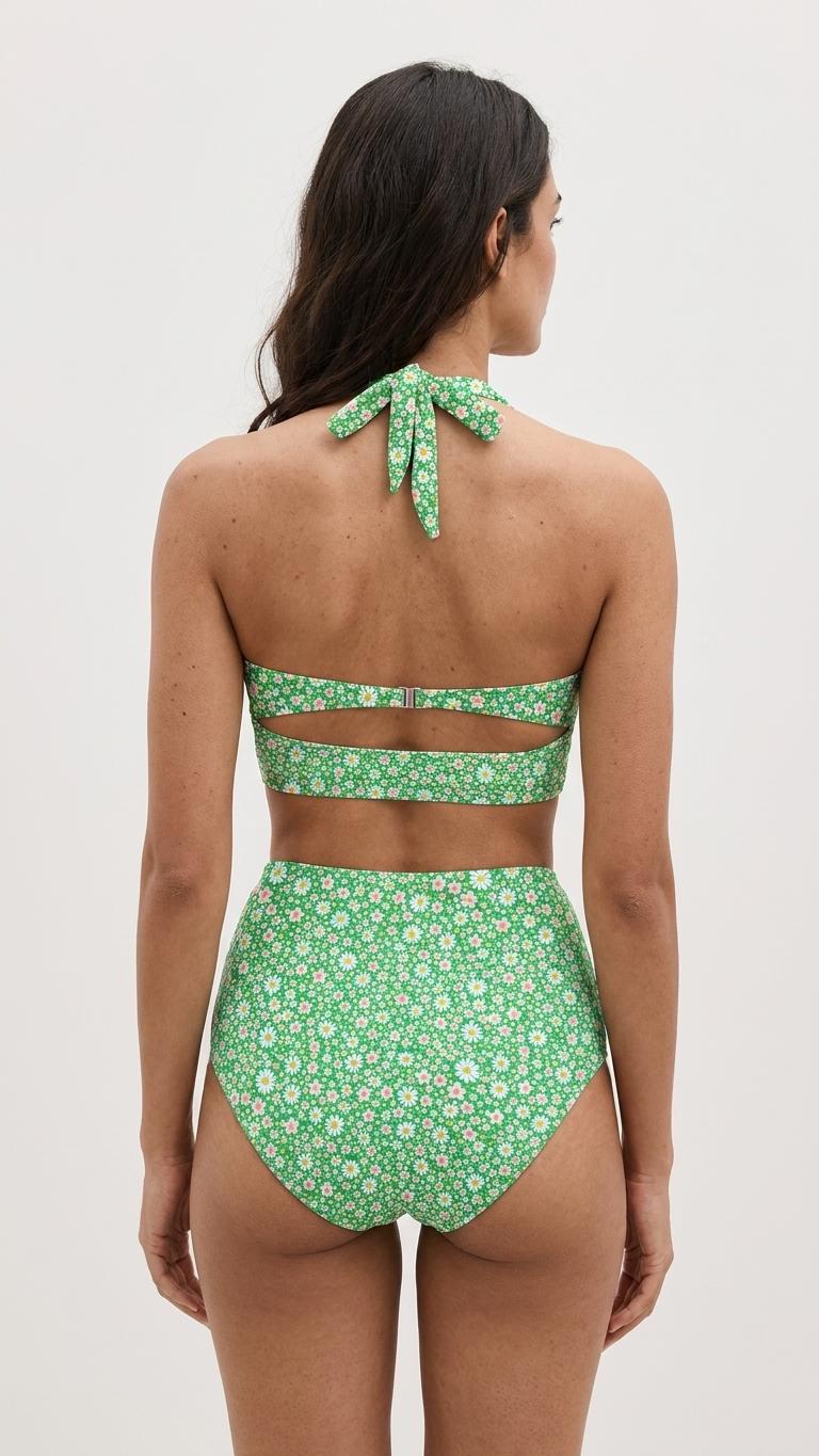 Retro Green Ditsy Floral Sporty Sexy Surfing Bikini – High-Waisted Swimsuit, Scoop-Neck Crop-Top, Flattering High-Leg