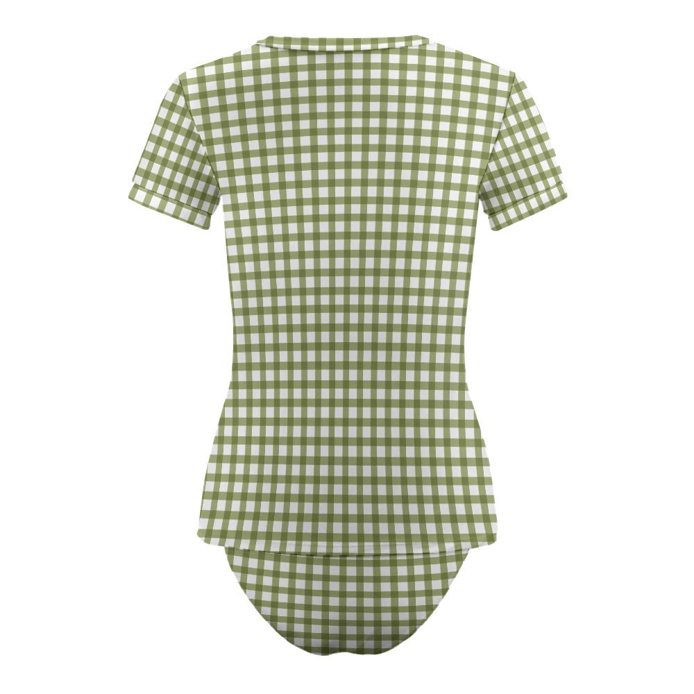 Chic Minimalist Tankini – Stylish Short-Sleeve Rash-Guard Swim-Top & Briefs Swimsuit | Green Gingham
