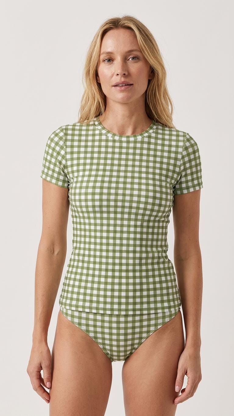 Chic Minimalist Tankini – Stylish Short-Sleeve Rash-Guard Swim-Top & Briefs Swimsuit | Green Gingham