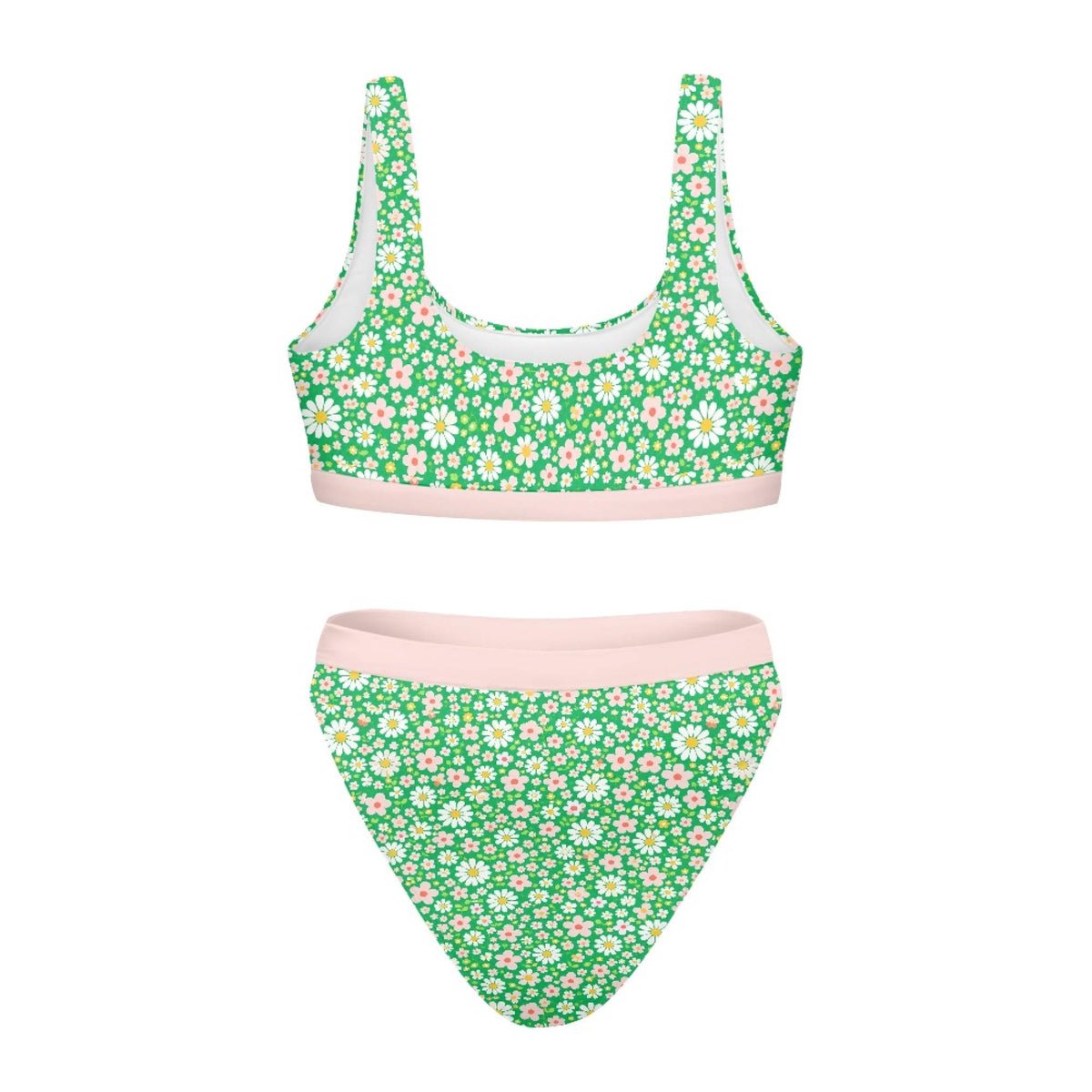 Retro Green Ditsy Floral Sporty Sexy Bikini Set – High-Waisted Swimsuit, Scoop-Neck Crop-Top, Flattering High-Leg