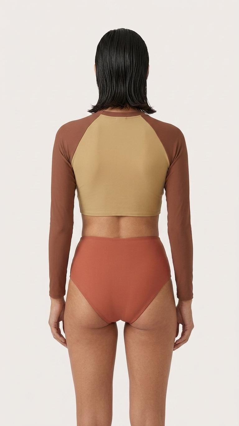 Retro Raglan Long-Sleeve Crop-Top Bikini, High Waist Surf Two-Piece 70s, S-2XL | Brown Mustard Orange