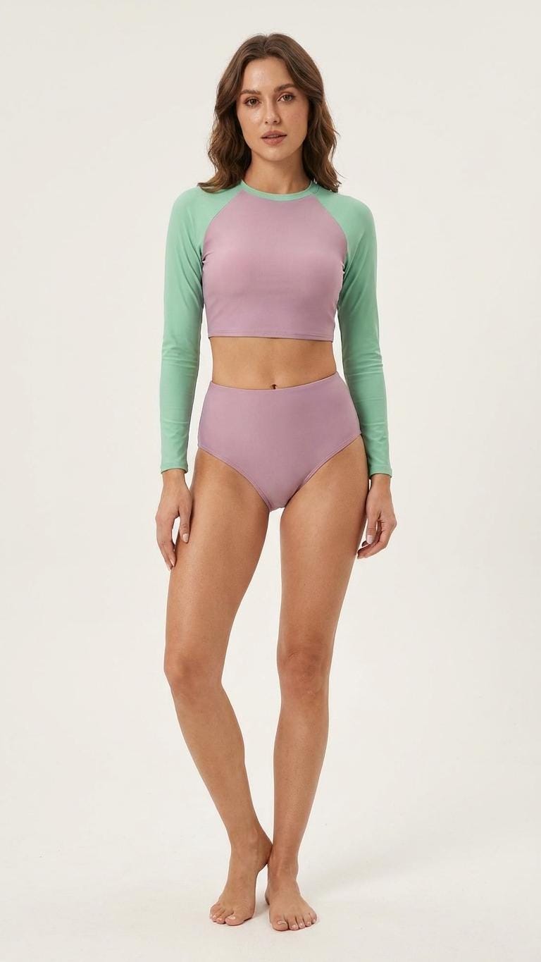 Retro Pastel High Waist Bikini Set | Long Sleeve Crop Top Swimsuit