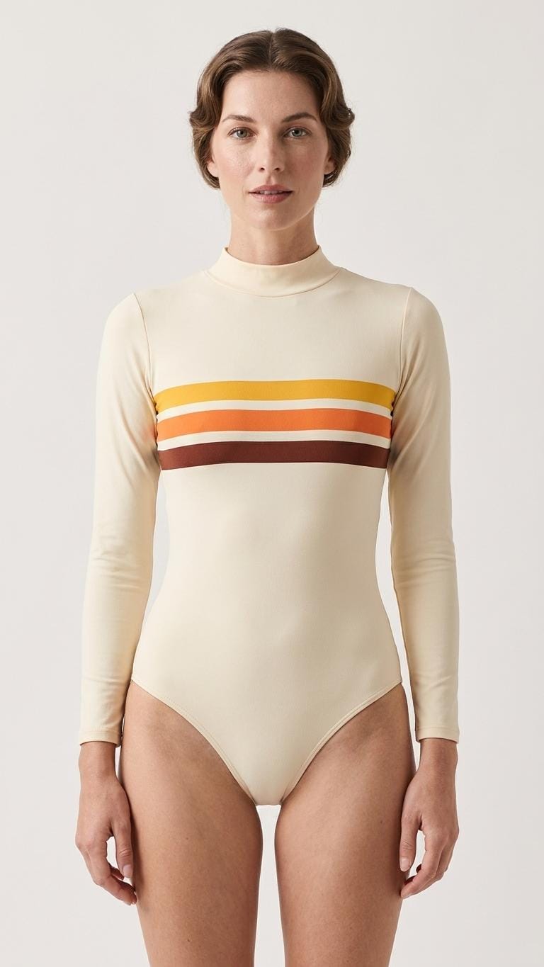 Mod-Style Long-Sleeve One-Piece Swimsuit - Back-Zipper - Lightweight & Sheer - Soft Chest Pads - Stripes