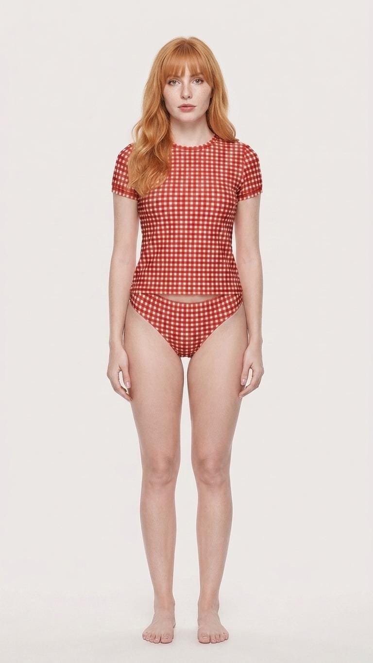 Chic Minimalist Tankini – Stylish Short-Sleeve Rash-Guard Swim-Top & Briefs Swimsuit | Red Gingham