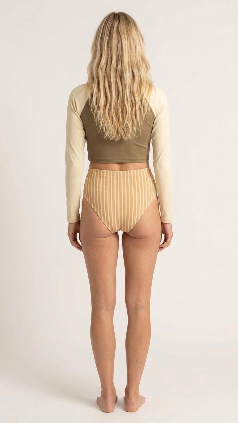 Long Sleeve Crop Top Bikini Set, Sporty High-Waist Retro Swimsuit