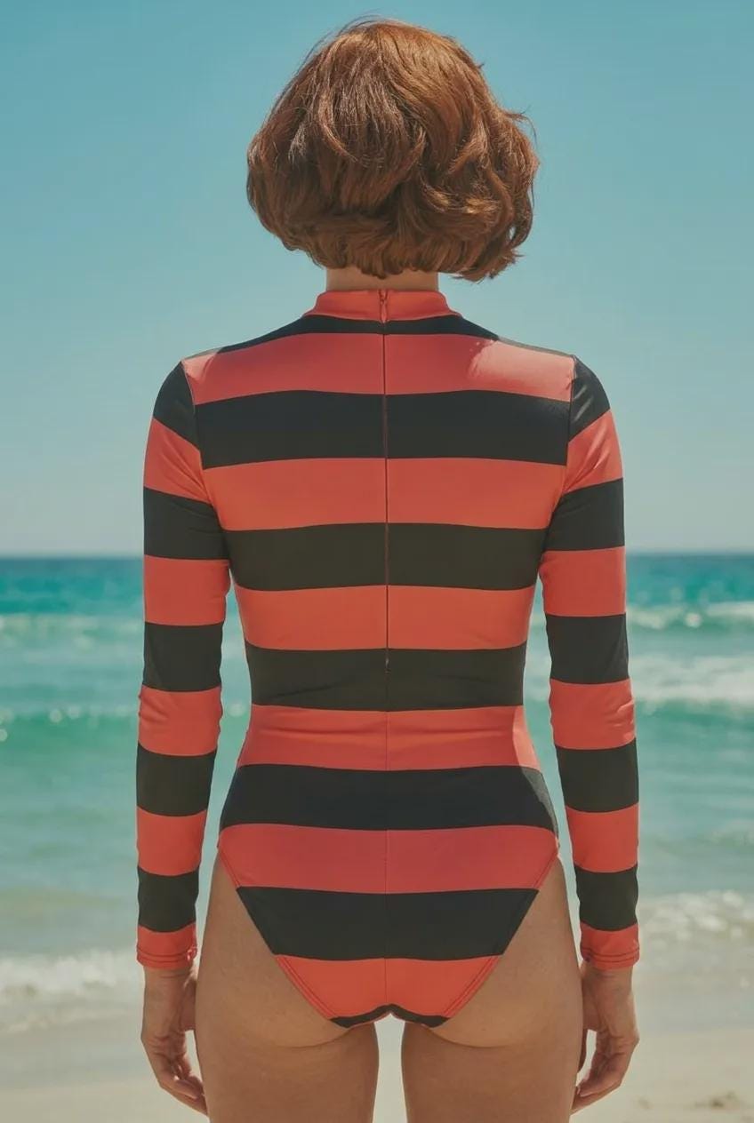 Retro Long Sleeve One-Piece Swimsuit - Vintage-Inspired - Zipper - Lightweight & Sheer - No Padding - Black Red Stripy