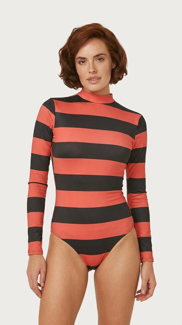Retro Long Sleeve One-Piece Swimsuit - Vintage-Inspired - Zipper - Lightweight & Sheer - No Padding - Black Red Stripy