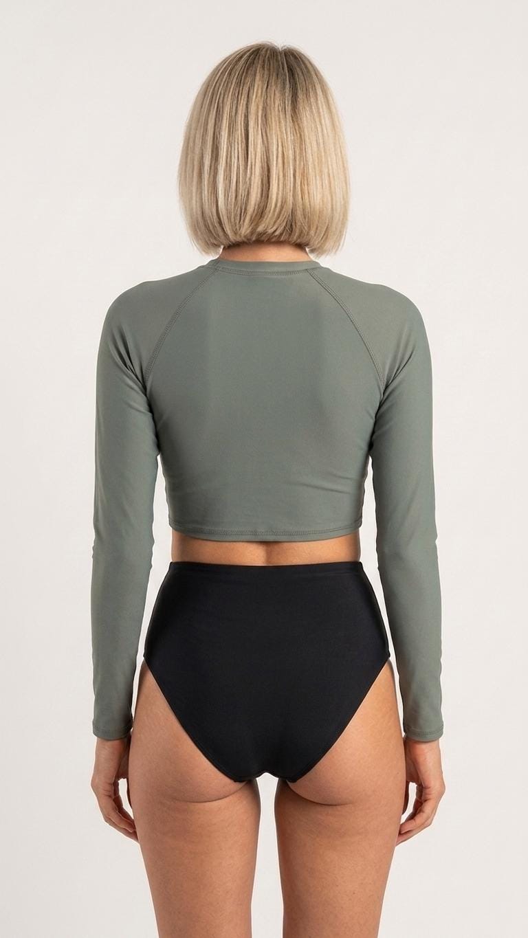 Army Green and Black Long-Sleeve Crop-Top Bikini-Set, High-Waist Swimsuit, Trendy Retro Swimwear