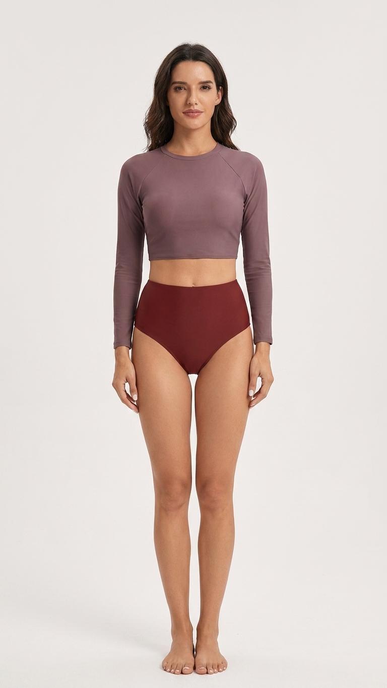 Sporty Long-Sleeve Crop-Top Bikini Set, High-Waist Retro Swimsuit Mauve/Red