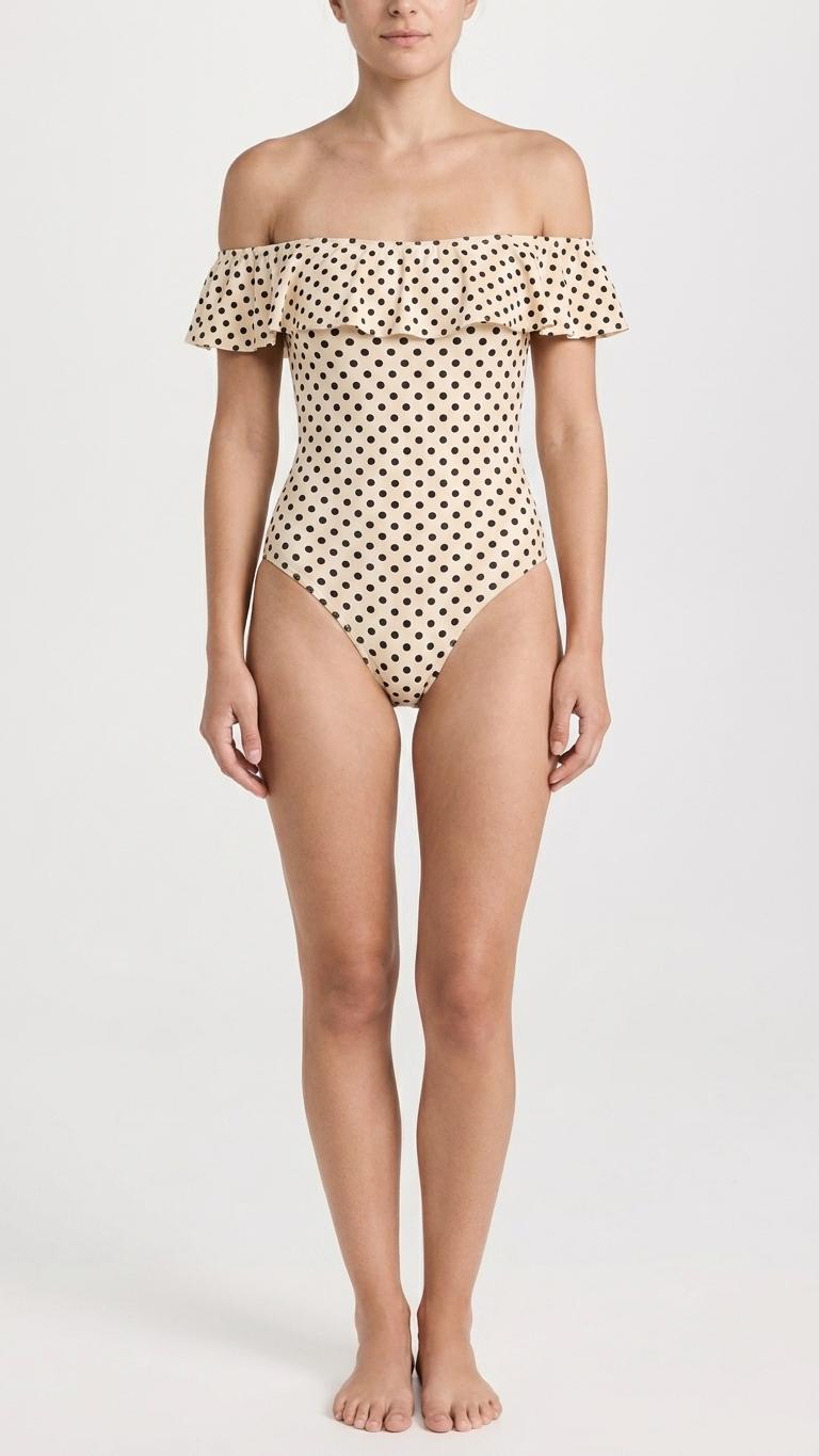 Retro Bardot Polka Dot One-Piece Swimsuit – Coquette Off Shoulder Ruffle Bathing Suit, Vintage-Inspired Swimwear
