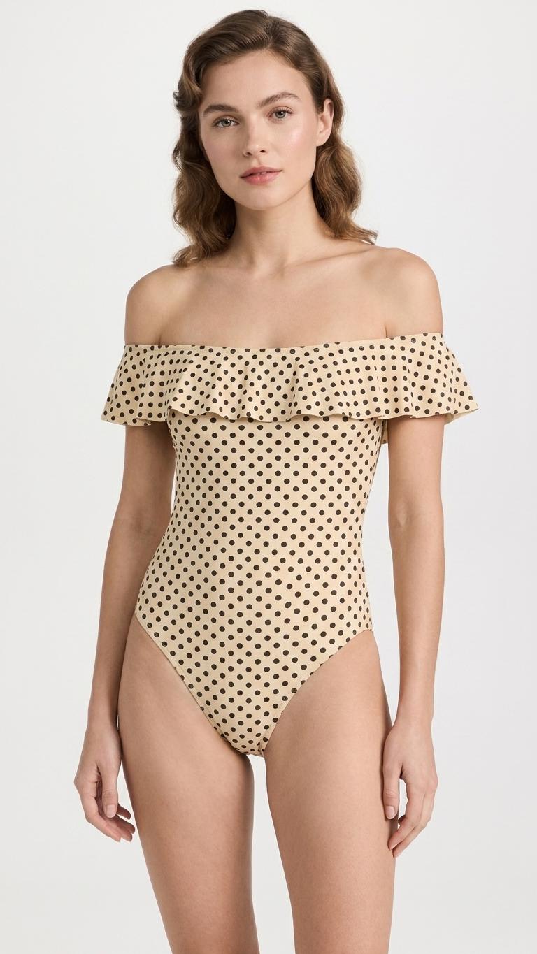 Retro Bardot Polka Dot One-Piece Swimsuit – Coquette Off Shoulder Ruffle Bathing Suit, Vintage-Inspired Swimwear