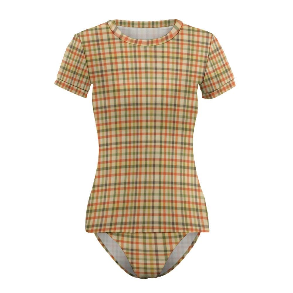 Chic Minimalist Tankini – Stylish Short-Sleeve Rash-Guard Swim-Top & Briefs Swimsuit | Retro Sepia Earthy Plaid