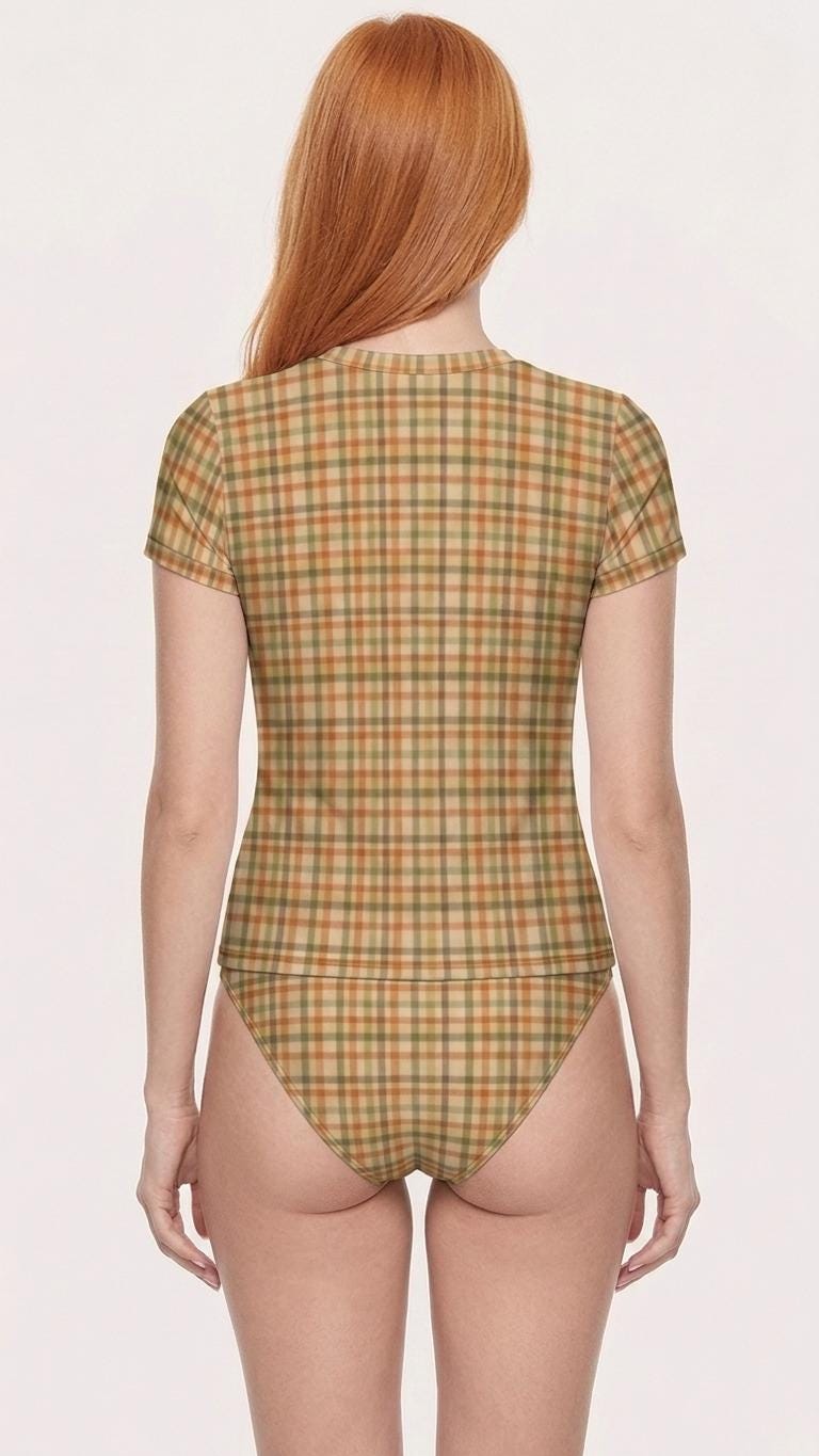 Chic Minimalist Tankini – Stylish Short-Sleeve Rash-Guard Swim-Top & Briefs Swimsuit | Retro Sepia Earthy Plaid