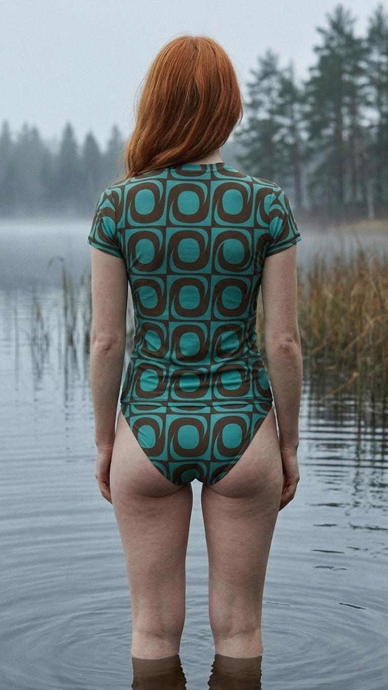 Chic Minimalist Tankini – Stylish Short-Sleeve Rash-Guard Swim-Top & Briefs Swimsuit | Mod Retro Teal and Brown
