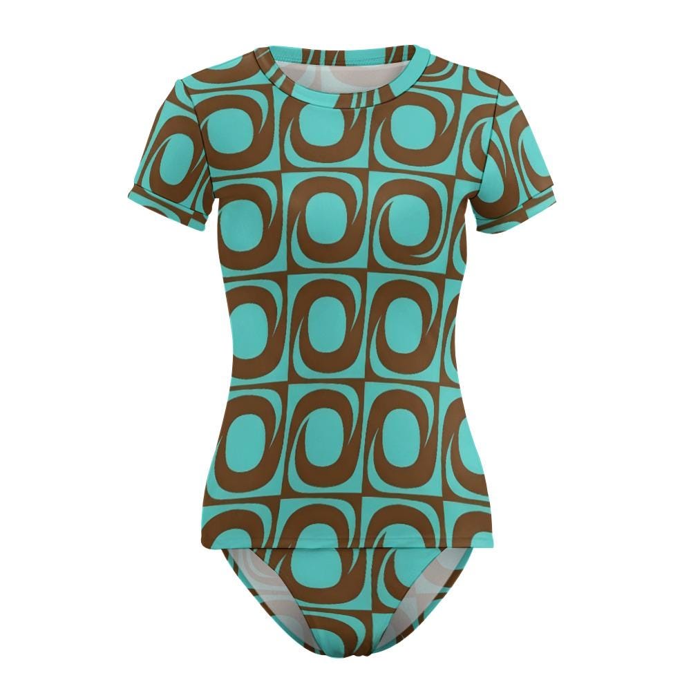 Chic Minimalist Tankini – Stylish Short-Sleeve Rash-Guard Swim-Top & Briefs Swimsuit | Mod Retro Teal and Brown