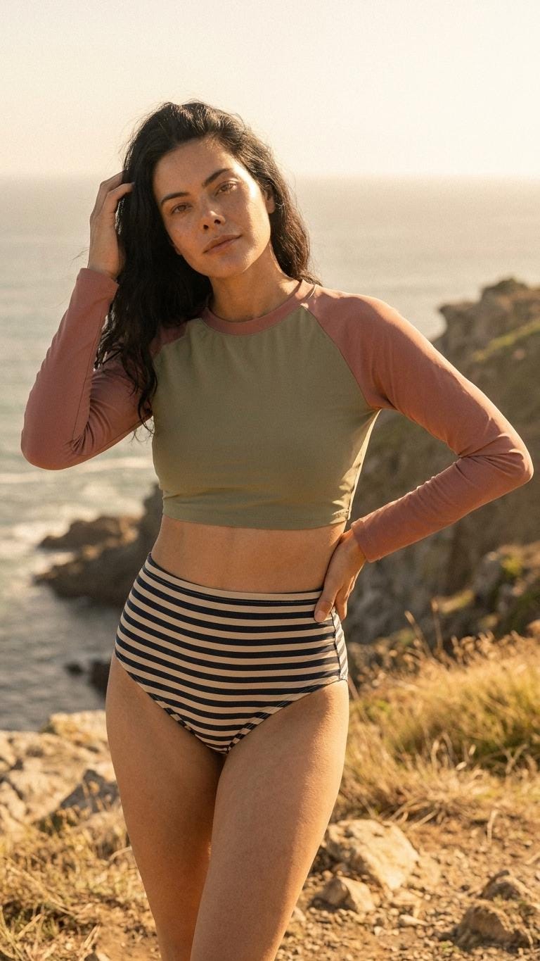 Retro Surf Long-Sleeve Bikini - Cropped Rash-Guard, High-Waist Bottoms - Sporty Two-Piece Swimsuit, Stone Grey & Terracotta