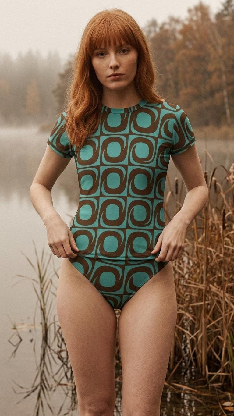 Chic Minimalist Tankini – Stylish Short-Sleeve Rash-Guard Swim-Top & Briefs Swimsuit | Mod Retro Teal and Brown