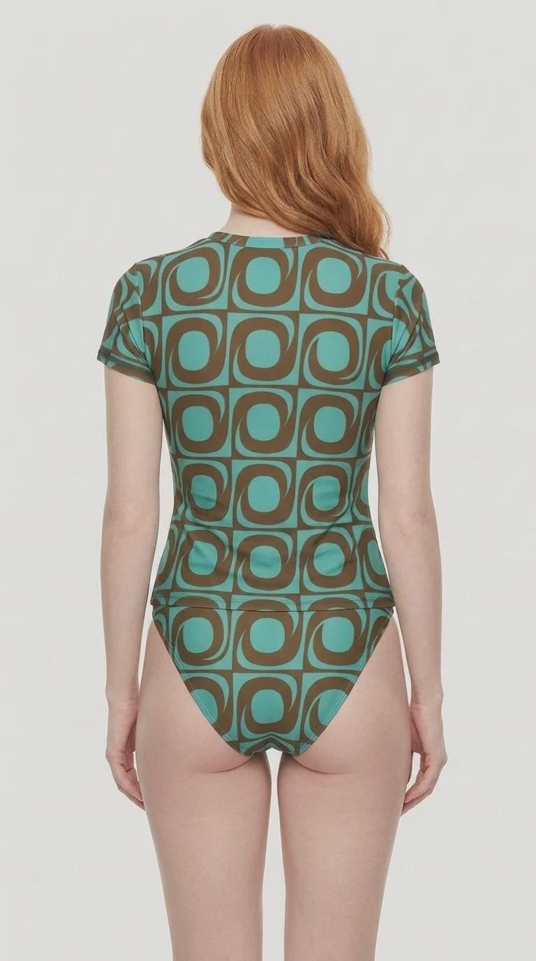 Chic Minimalist Tankini – Stylish Short-Sleeve Rash-Guard Swim-Top & Briefs Swimsuit | Mod Retro Teal and Brown