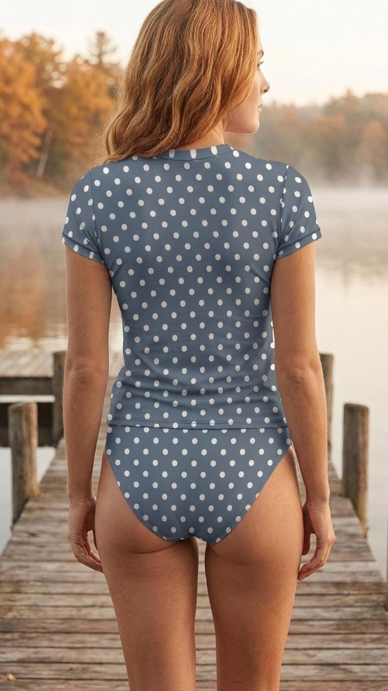Chic Minimalist Tankini – Stylish Short-Sleeve Rash-Guard Swim-Top & Briefs Swimsuit | Vintage Polka Dot in Blue
