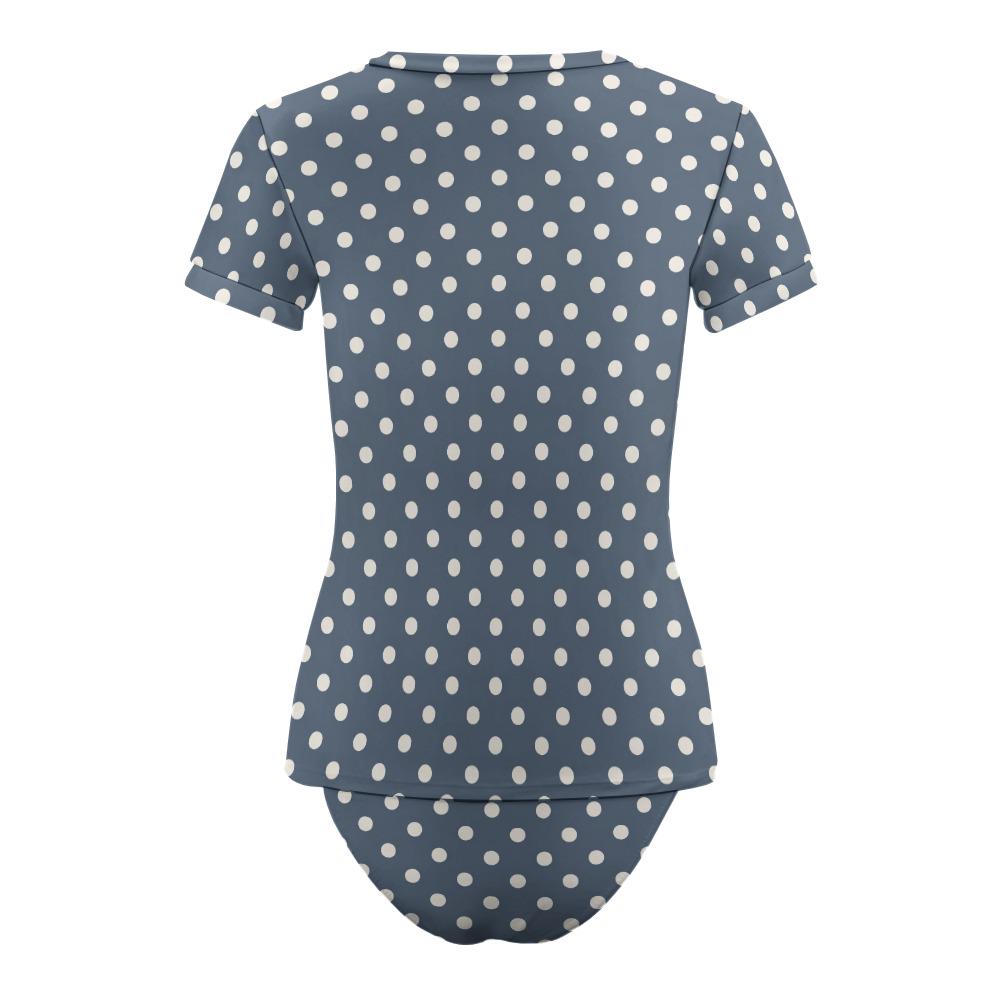 Chic Minimalist Tankini – Stylish Short-Sleeve Rash-Guard Swim-Top & Briefs Swimsuit | Vintage Polka Dot in Blue