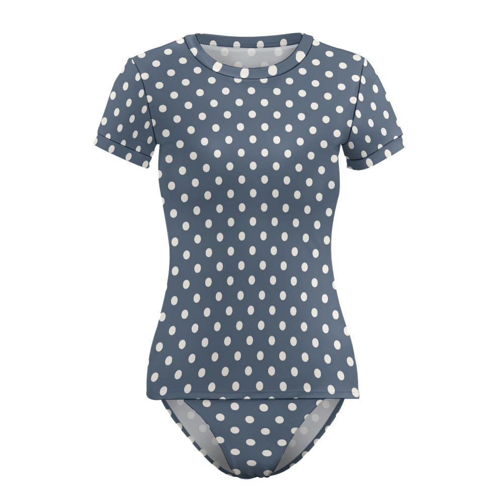 Chic Minimalist Tankini – Stylish Short-Sleeve Rash-Guard Swim-Top & Briefs Swimsuit | Vintage Polka Dot in Blue