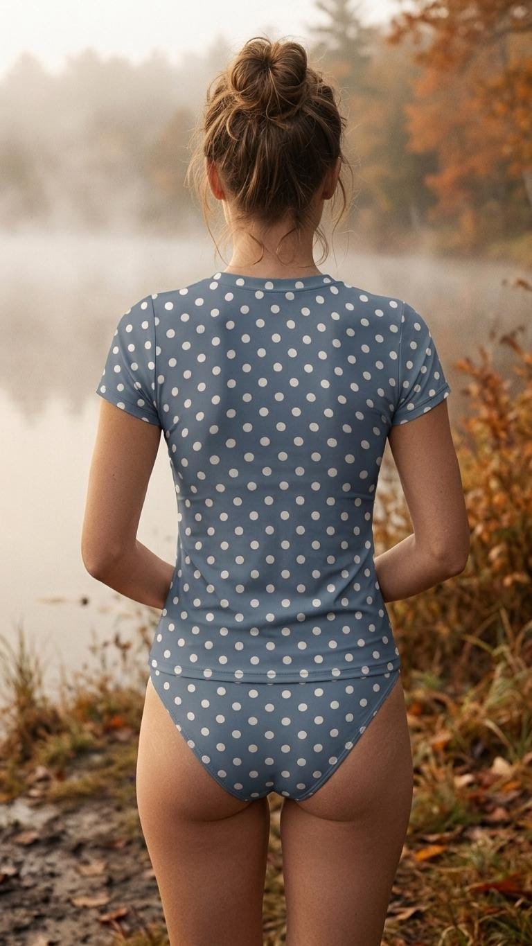 Chic Minimalist Tankini – Stylish Short-Sleeve Rash-Guard Swim-Top & Briefs Swimsuit | Vintage Polka Dot in Blue