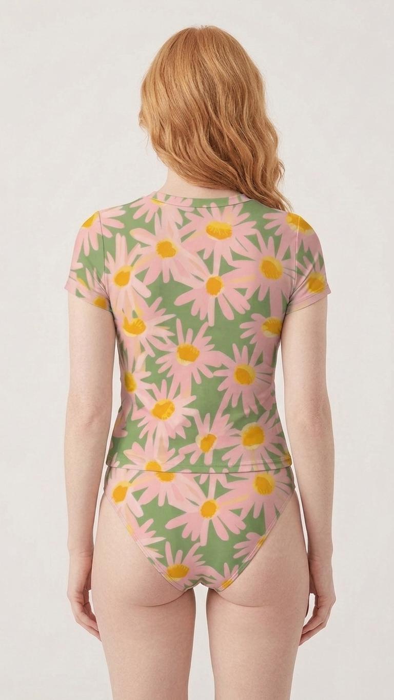 Chic Minimalist Tankini – Stylish Short Sleeve Rash-Guard Swim-Top & Briefs Swimsuit | Retro Daisies