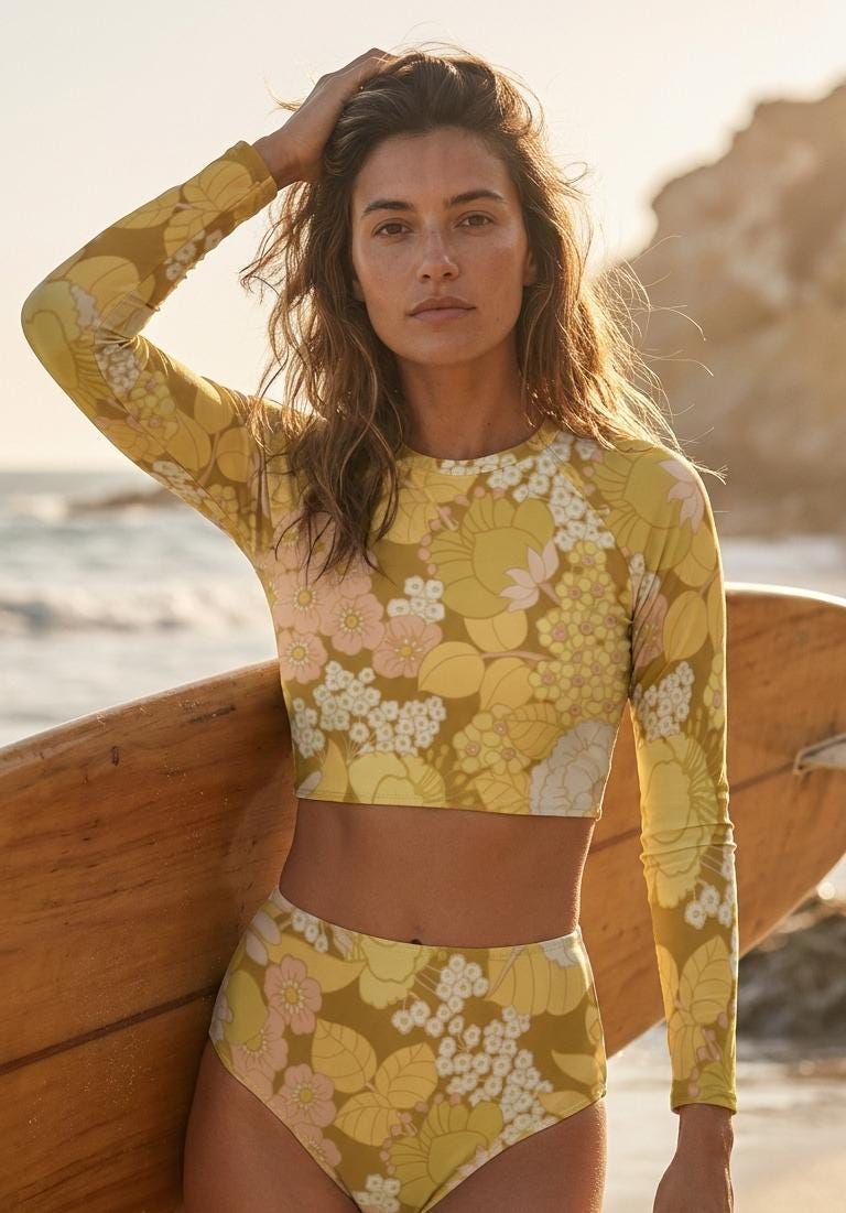 Retro Pale Yellow Florals, Two-Piece Swimsuit, Long Sleeve Crop Rash Guard