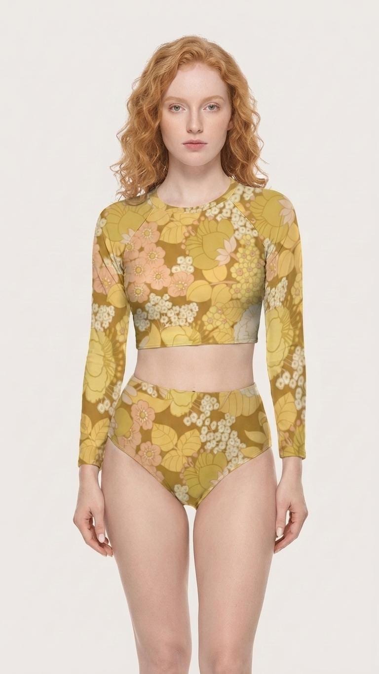 Retro Pale Yellow Florals, Two-Piece Swimsuit, Long Sleeve Crop Rash Guard