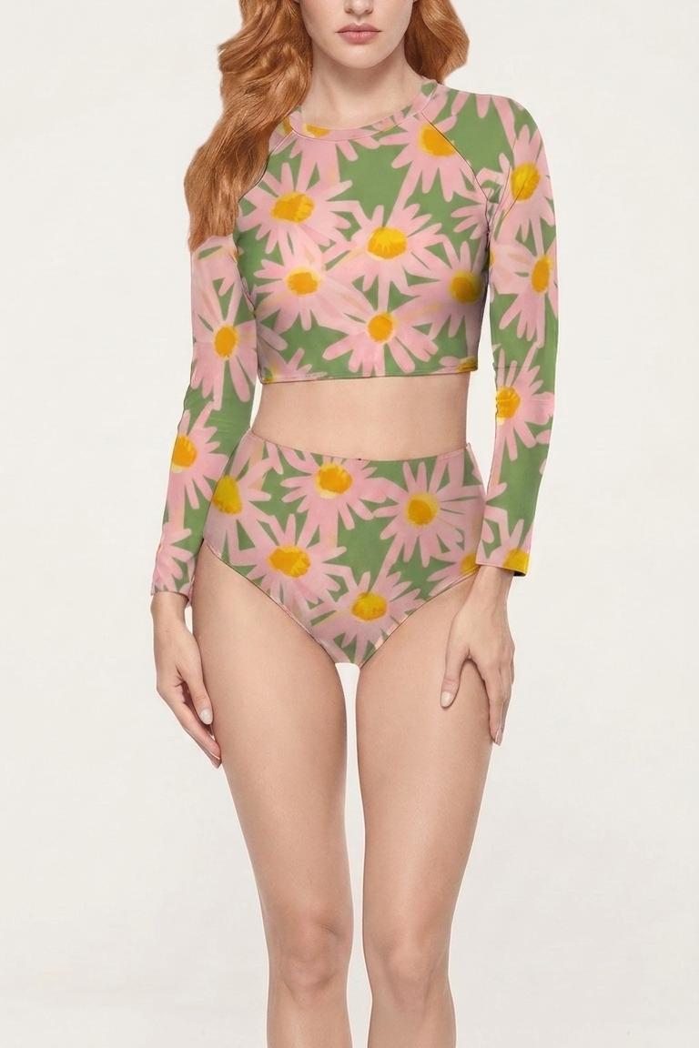 Retro Daisies, Two-Piece Swimsuit, Long Sleeve Crop Rash Guard Set