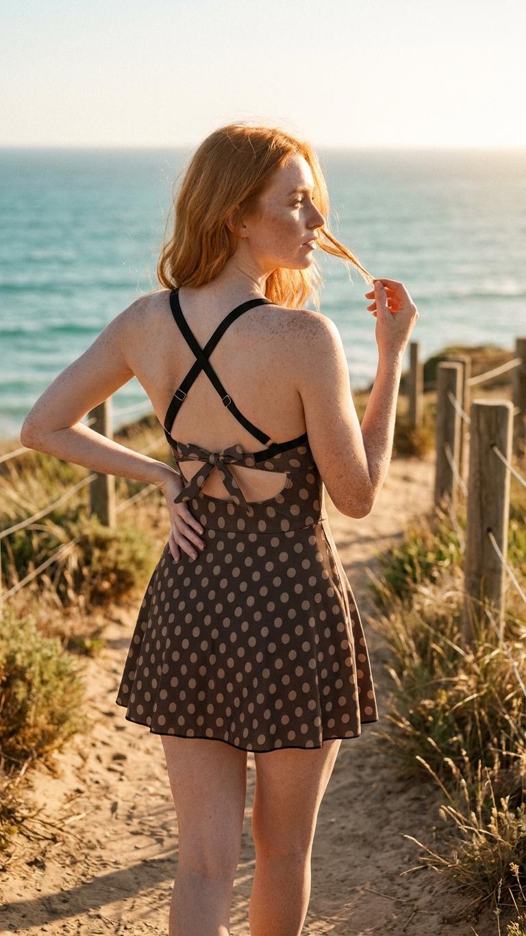 Skirted One-Piece Swimsuit with Cut-Out Detail | Integrated Bottoms | Brown Polka Dot