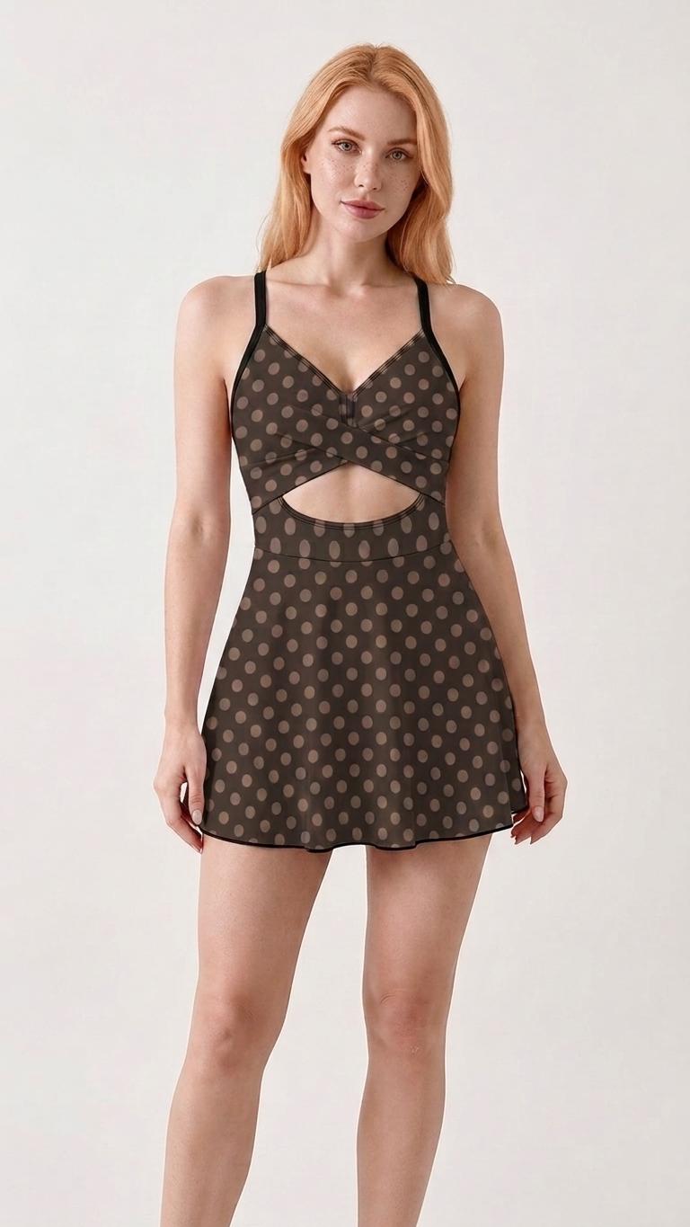 Skirted One-Piece Swimsuit with Cut-Out Detail | Integrated Bottoms | Brown Polka Dot