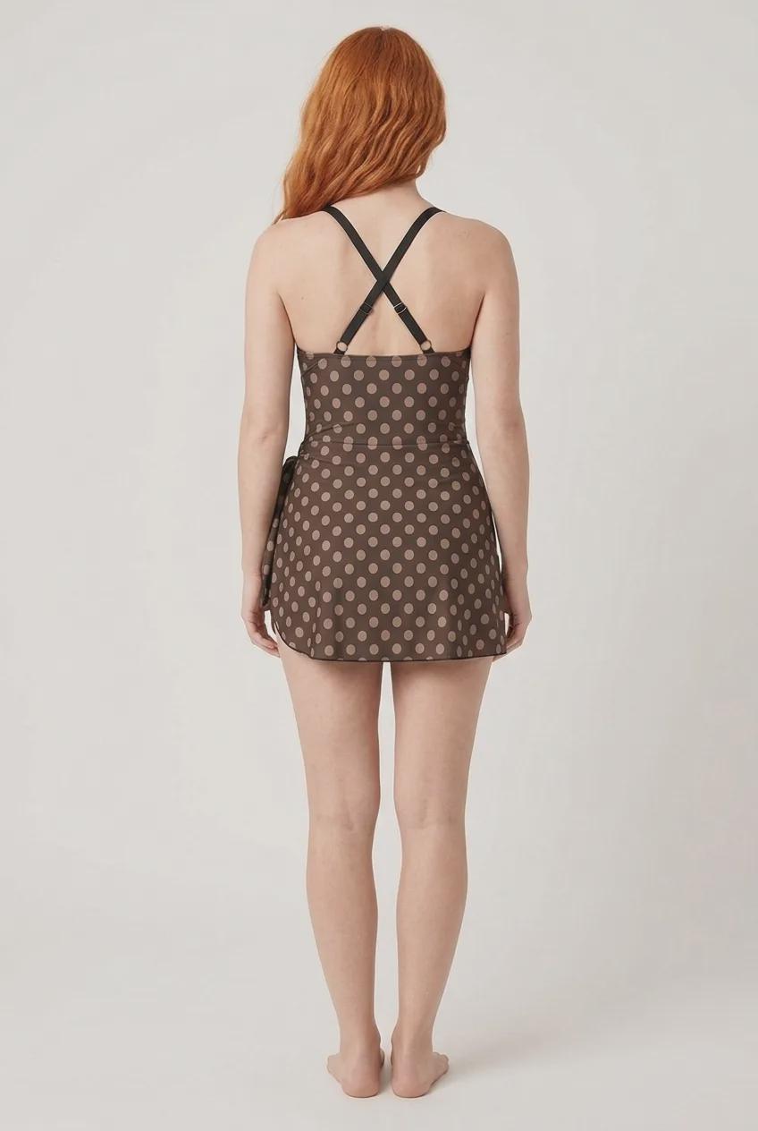 Retro Swim Dress, Integrated Bottoms & Adjustable Straps, Vintage-Inspired Modest One-Piece Romper, Brown Polka Dot