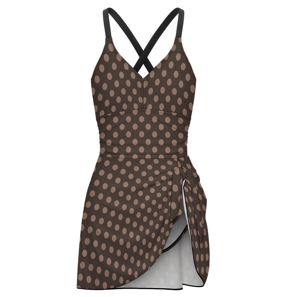 Retro Swim Dress, Integrated Bottoms & Adjustable Straps, Vintage-Inspired Modest One-Piece Romper, Brown Polka Dot