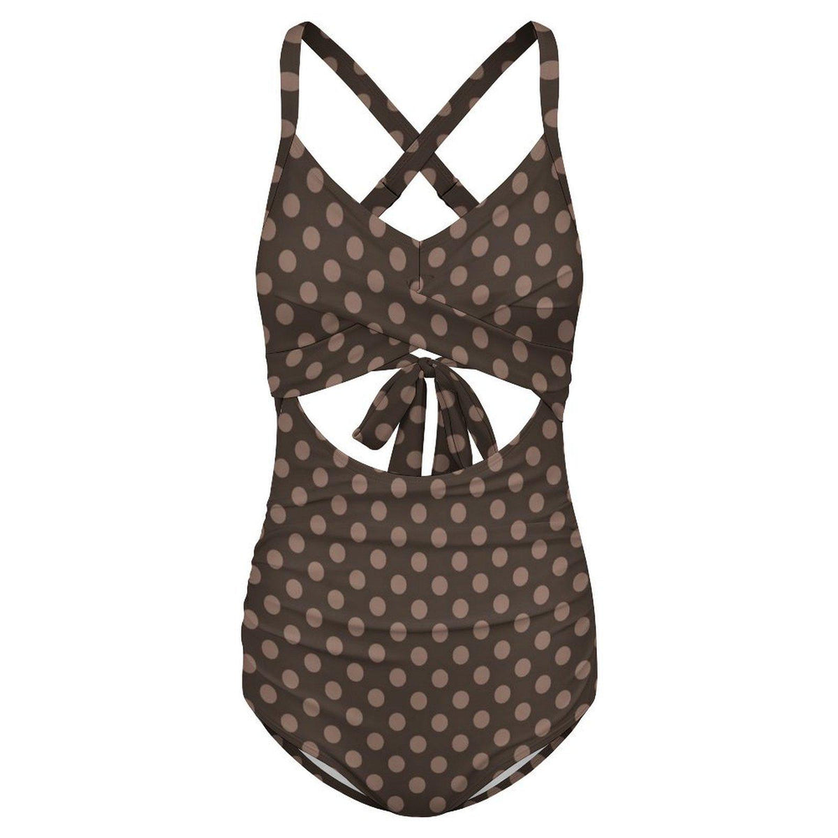 Brown Polka Dot Cut-Out One-Piece Swimsuit, Lace-Up Back & Ruching, Pin-Up Vibes