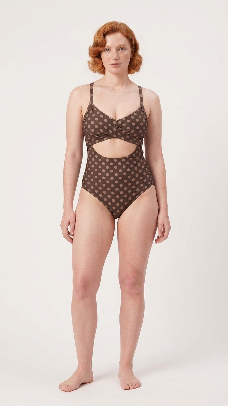 Brown Polka Dot Cut-Out One-Piece Swimsuit, Lace-Up Back & Ruching, Pin-Up Vibes