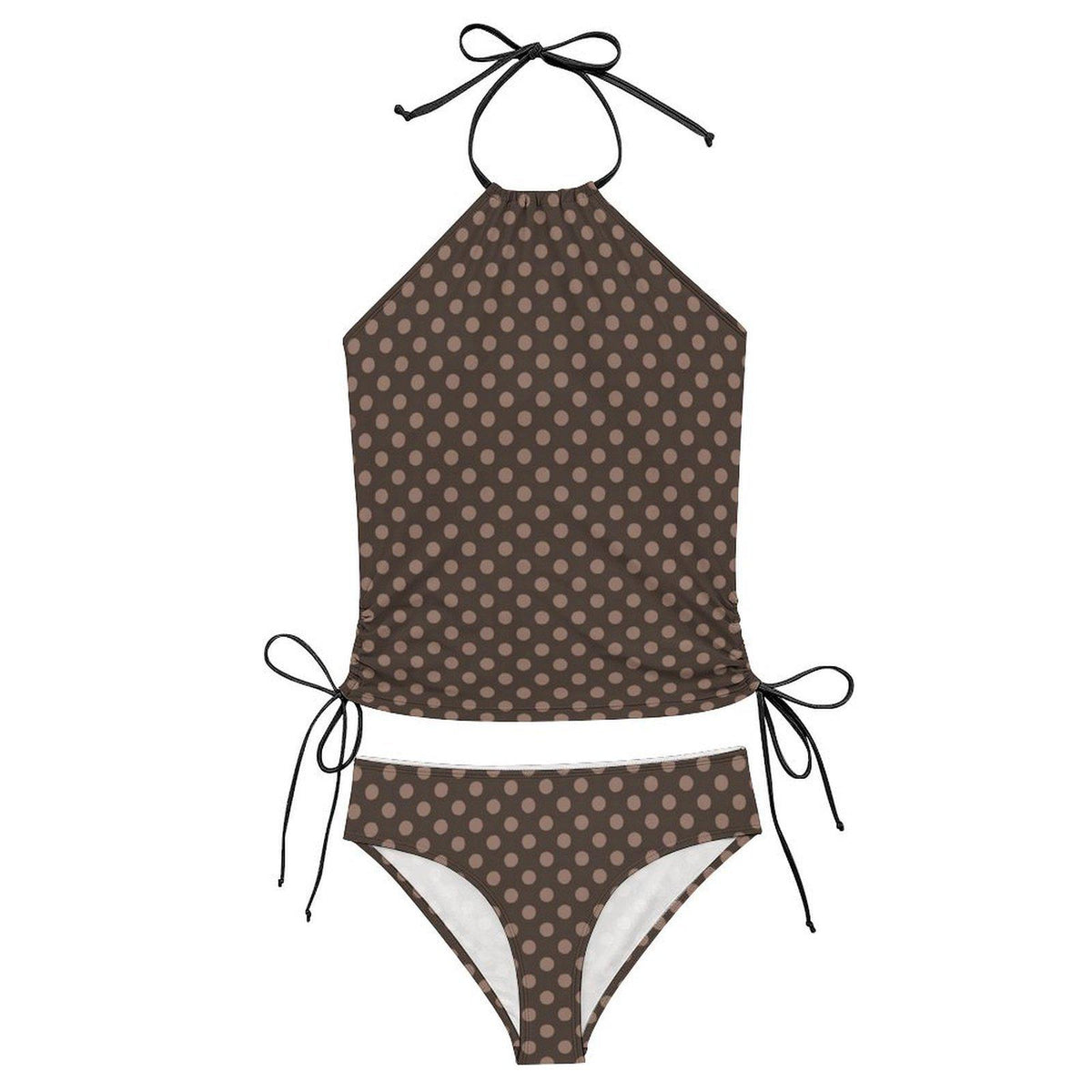 Retro Brown Polka Dot Tankini: 1960s Halter Swimsuit with Drawstrings