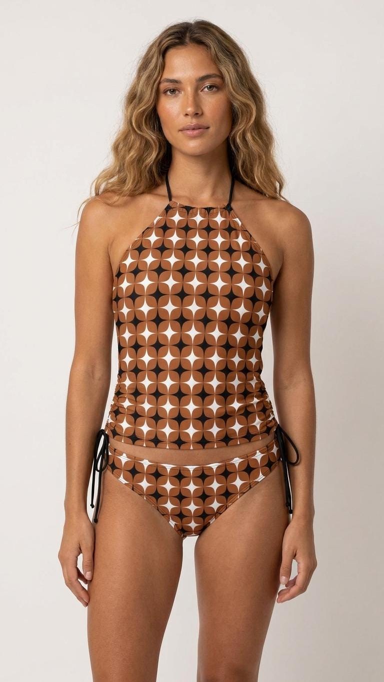 Retro Brown Mod-Style Tankini: 1960s Halter Swimsuit with Drawstrings