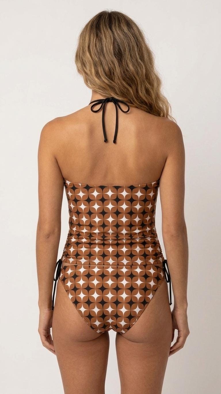 Retro Brown Mod-Style Tankini: 1960s Halter Swimsuit with Drawstrings