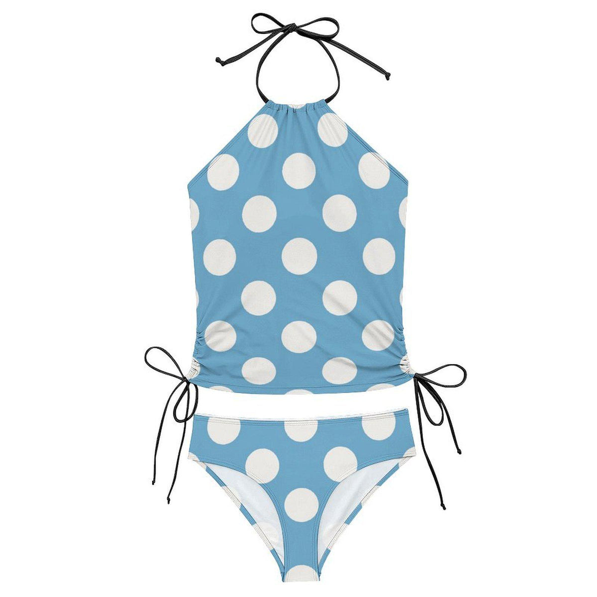 Halter Tankini Two-Piece Swimsuit – Side Drawstrings, Flattering, Comfortable – Blue Large Polka-Dot