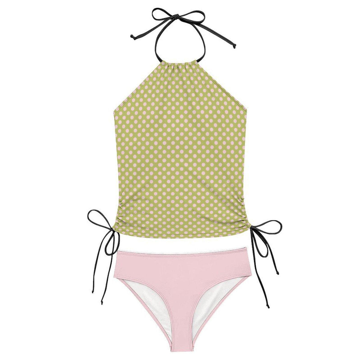 Halter Tankini Two-Piece Swimsuit – Side Drawstrings, Flattering, Comfortable – Green & Pink Polka-Dot