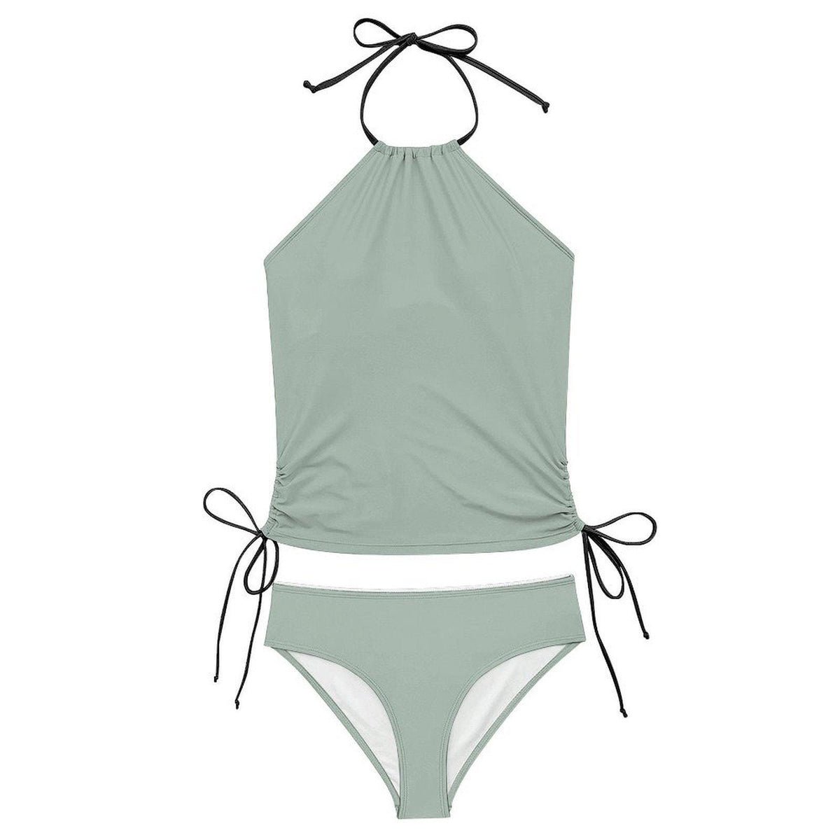 Stylish Halterneck Tankini – Sage Blue Two-Piece Swimsuit with Side Drawstrings, Flattering & Comfortable