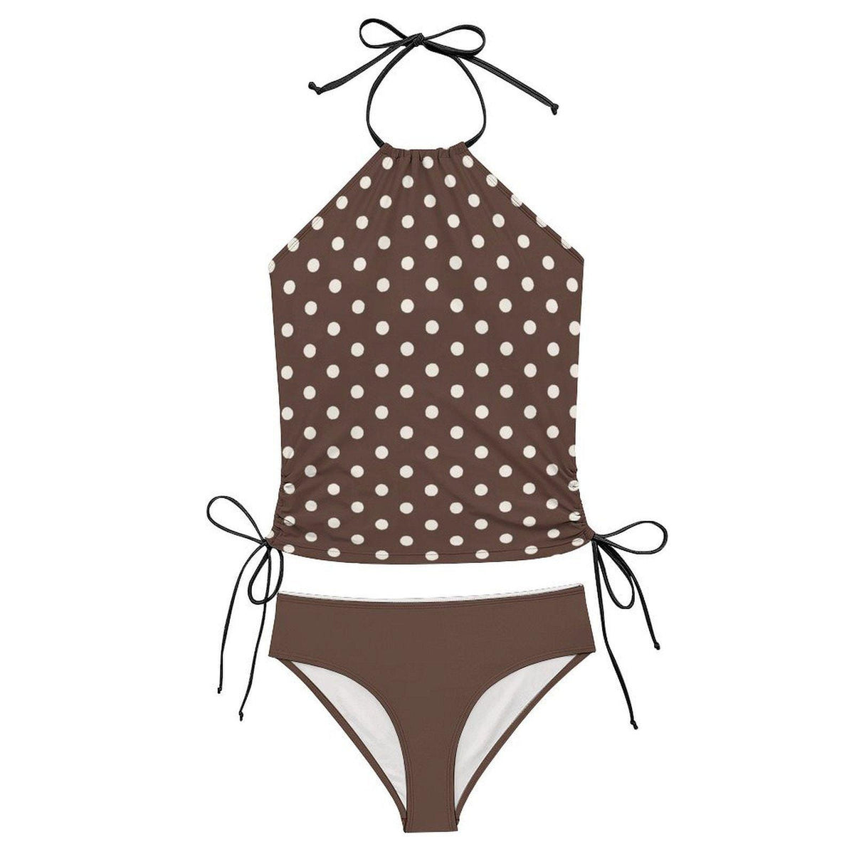 Halter Tankini Two-Piece Swimsuit – Side Drawstrings, Flattering, Comfortable – Brown Polka-Dot