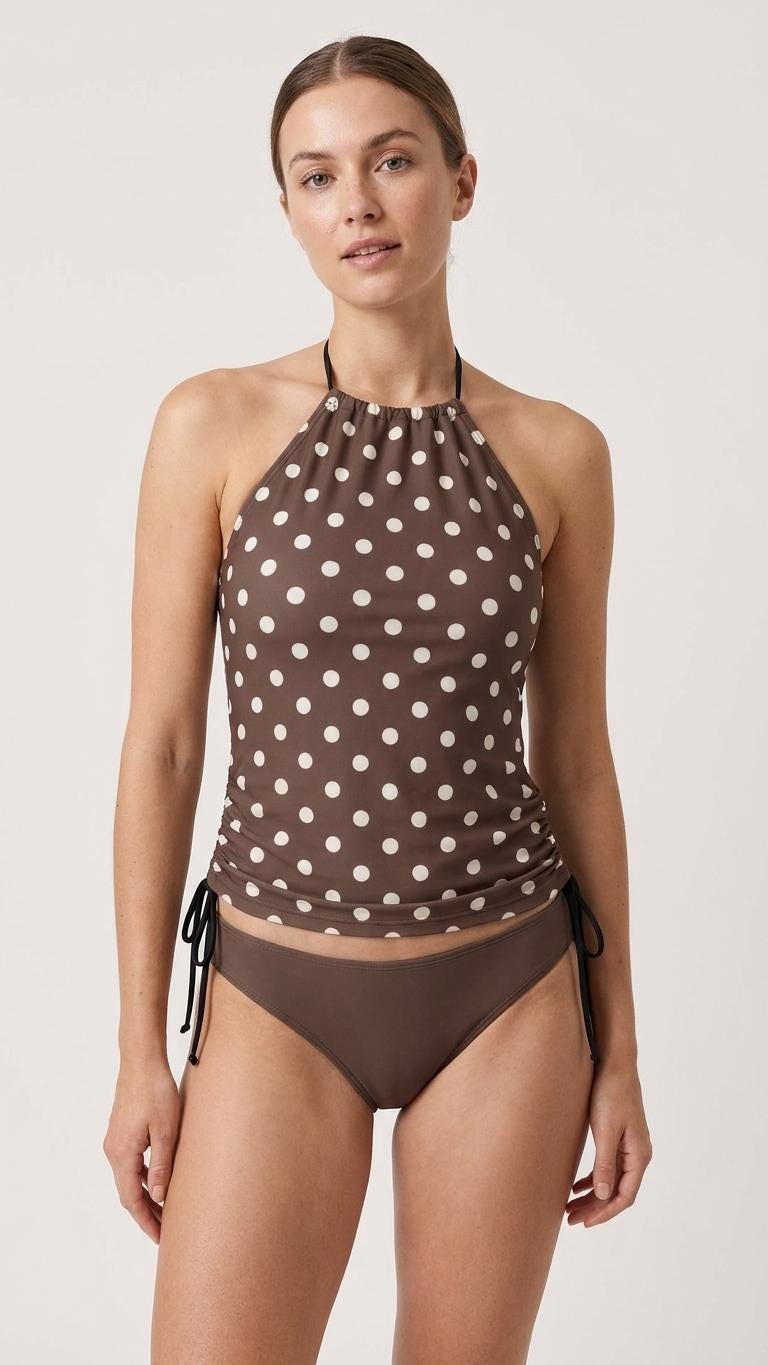Halter Tankini Two-Piece Swimsuit – Side Drawstrings, Flattering, Comfortable – Brown Polka-Dot