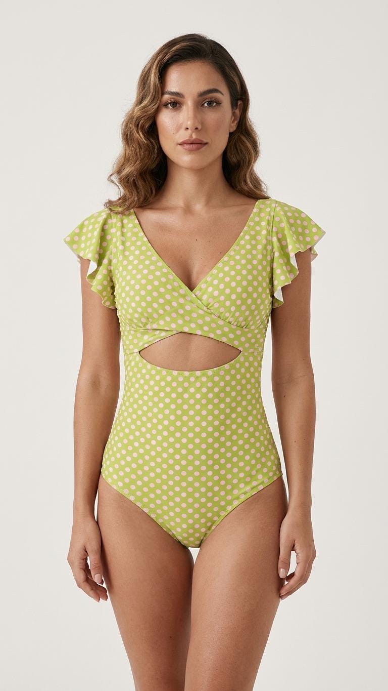 Coquette Romantic Vintage-Inspired Frill V-Neck Ruffle One-Piece Retro Swimsuit, Padding & Tummy Control, Green Polka-Dot